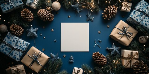 Canvas Print - A Festive Arrangement of Wrapped Gifts, Pinecones, and Decorative Elements on a Blue Surface Surrounded by Twinkling Lights and Empty Space for a Note During the Holiday Season