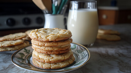 Wall Mural - A stack of golden-brown cookies on a plate next to a glass of milk, with baking supplies scattered in the background 