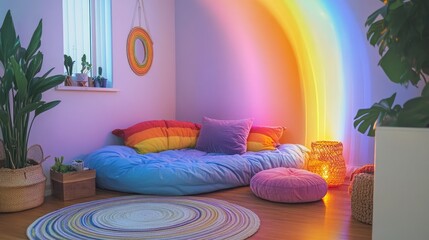 Wall Mural - Cozy and Colorful Bedroom Space with Rainbow Light and Soft Cushions Creating a Peaceful Atmosphere for Relaxation and Creativity