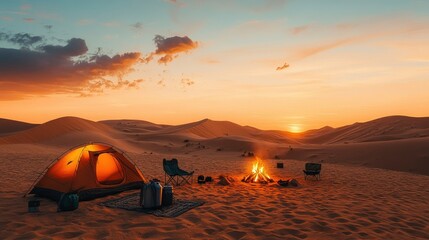 Wall Mural - Tranquil Desert Camping Scene with Tent and Campfire at Sunset, Showcasing Warm Colors and Peaceful Atmosphere in Sandy Dunes