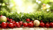 © PuriStudio - Fresh vegetables including tomatoes, lettuce, and radishes arranged beautifully on wooden surface, showcasing vibrant colors and healthy food options