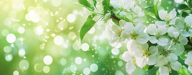 White flowers on a green background with bokeh lights.