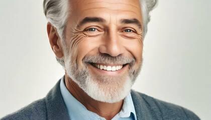 Wall Mural - A cheerful older man with gray hair smiles warmly while wearing a light sweater, exuding confidence and approachability in a well-lit indoor environment.