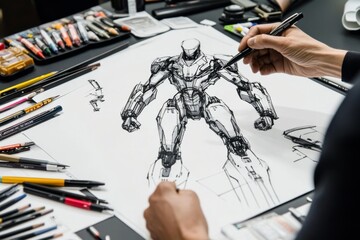 Person Drawing Detailed Robot Sketch with Colorful Supplies on Table - Creative Artistic Concept with Focused Background Scene