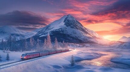 Wall Mural - Scenic Train Journey Through Snowy Landscape at Sunset with Majestic Mountains and Serene River Capturing Winter's Beauty and Tranquility in a Picturesque Setting