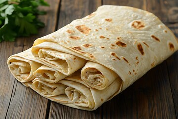 Wall Mural - Fresh tasty Tortilla wraps on wooden background