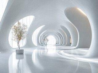 Wall Mural - a modern architectural structure with a curved white facade and large glass windows, situated near a reflective body of water during sunset.