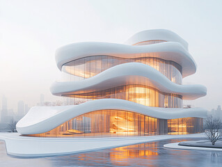 Wall Mural - a modern architectural structure with a curved white facade and large glass windows, situated near a reflective body of water during sunset.