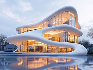 Wall Mural - a modern architectural structure with a curved white facade and large glass windows, situated near a reflective body of water during sunset.