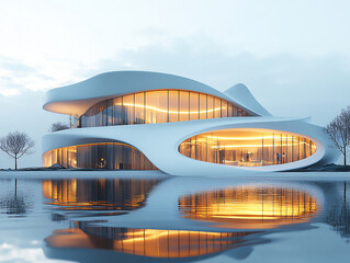 Wall Mural - a modern architectural structure with a curved white facade and large glass windows, situated near a reflective body of water during sunset.
