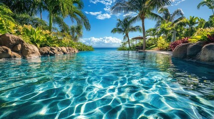 Sticker - Serene Tropical Poolside Oasis with Crystal Clear Water and Lush Greenery Under Bright Sunny Sky Surrounded by Palm Trees and Ocean View