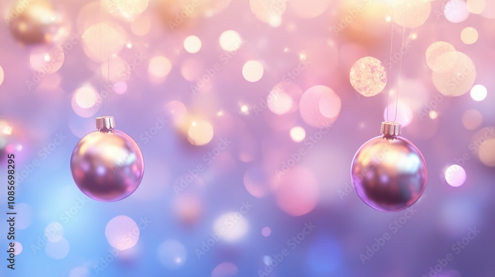 Elegant and Shimmering Christmas Ornaments Captivatingly Swing Against a Magical Bokeh Background in Soft Pink and Blue Hues for Holiday Celebrations and Seasonal Decor
