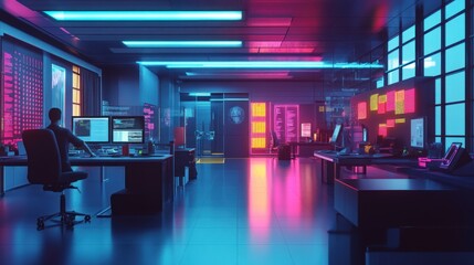 A futuristic office with glowing blue and pink lights, a man working at a computer, and large screens displaying data.