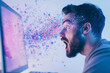 © ORBK - Man reacting with excitement and surprise at a computer as colorful particles burst from the screen in a digital setting