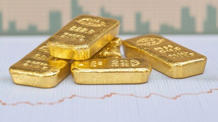 Wall Mural - Gold bars arranged against a chart background, representing economic strength and long-term investment growth