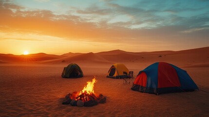 Wall Mural - Majestic Desert Camping Scene at Sunset with Colorful Tents and Campfire Illuminating the Golden Sands of a Serene Wilderness