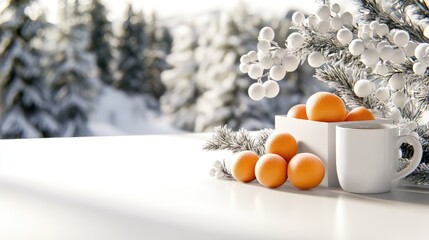 Wall Mural - Tangerines sit in a box next to a warm cup of coffee by an open window, showcasing frosty pine branches and a picturesque winter landscape outside