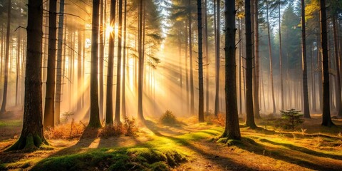  Golden sunlight streams through a misty forest, illuminating the tall tree trunks and mossy ground