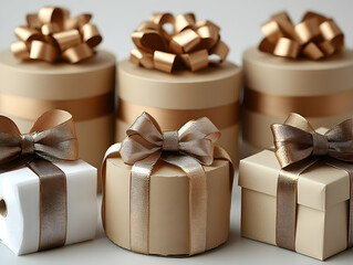 Elegant beige gift boxes with golden ribbons and bows.