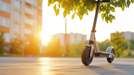 electric scooter parked under tree during sunset, showcasing urban life. warm light creates serene atmosphere, perfect for evening rides