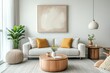 © Daria - Bright and inviting living room with beige accent wall, abstract art, and modern finnish lamps