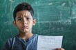 © Adi - A Young Student's Concern: Holding a Paper in Front of a Classroom Chalkboard