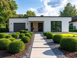 A modern house featuring sleek lines, large windows, and a beautifully landscaped garden with rounded shrubs and smooth stone pathways.