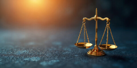 3D representation of a color gold scales of justice, clean background, illuminated by gentle lighting that enhances its elegance, reflecting themes of justice, balance and Law.