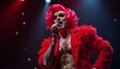 © SarahEvansDesignCo - Dramatic performer drag queen drag king on stage with coiffed hair and elaborate costume theatre theater emcee trans wardrobe with sensual lighting star starlet