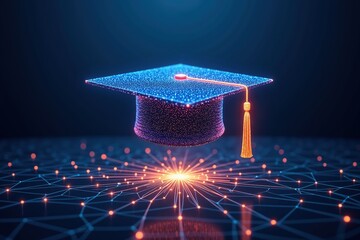 Digital graduation concept: futuristic mortarboard with data network and technology glow.