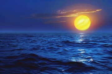 Wall Mural - a bright yellow sun setting over a deep blue ocean ,the sun rises majestically over the ocean, casti