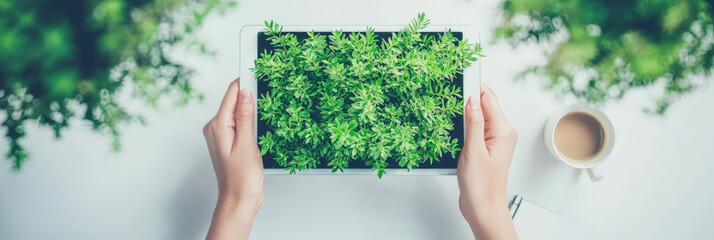 Canvas Print - Hands holding tablet with greenery, symbolizing nature and technology  no people and nobody