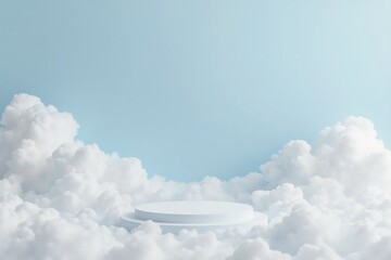 minimalist white podium amidst fluffy clouds under blue sky for dreamy background.