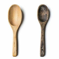 Two wooden spoons, one new and light-colored, the other old and darkened, showcasing culinary tools' evolution.