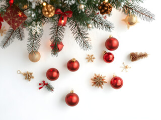 A decorated Christmas tree with red and gold ornaments and lights on a white background