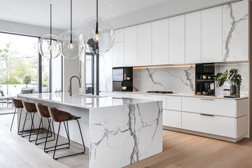 Modern white kitchen with marble island, sleek cabinets.