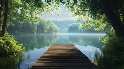 Wall Mural - Serene lake view from a wooden dock with lush green trees and calm water reflecting the beautiful morning light. Halcyon. Illustration