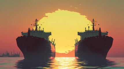 Wall Mural - Two large ships sailing with sunset background. generative ai. Halcyon. Illustration