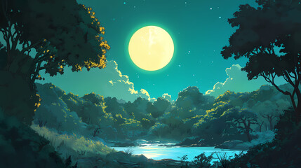 Wall Mural - Mystical night sky with a glowing full moon casting light over a serene, lush forest landscape. Halcyon. Illustration