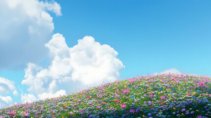 Wall Mural - A vibrant field of flowers under a clear blue sky with fluffy clouds.