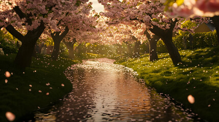 Wall Mural - A serene landscape with cherry blossom trees lining a tranquil river at sunset.