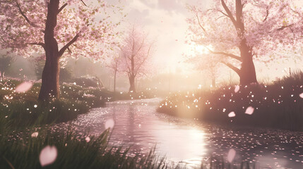 Wall Mural - A serene landscape featuring cherry blossom trees by a tranquil river at sunset.