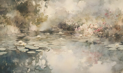 Canvas Print - A serene watercolor landscape depicting a tranquil pond with lily pads and soft floral reflections.