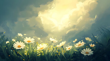 Wall Mural - A serene landscape featuring blooming daisies under a bright, cloudy sky.