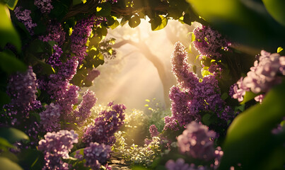 Wall Mural - A serene pathway framed by blooming lilacs, illuminated by soft sunlight.