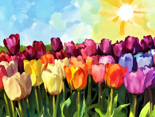 Wall Mural - A vibrant field of colorful tulips under a bright sun and blue sky.