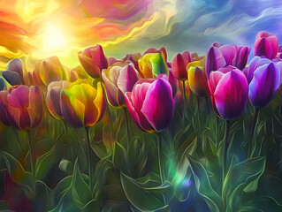 Wall Mural - A vibrant field of colorful tulips under a sunset sky, creating a serene and artistic scene.