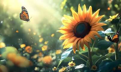 Wall Mural - A vibrant sunflower field with butterflies, capturing the beauty of nature in sunlight.