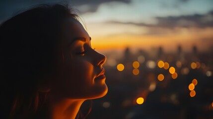 Wall Mural - A serene profile of a young woman during sunset, surrounded by city lights.