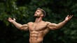 © Anna - muscular individual with a confident expression stands outdoors, arms wide open, embracing the moment. lush greenery and warm light enhance the sense of victory and freedom